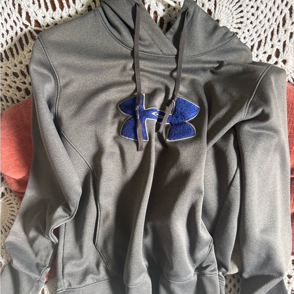 Under Armour Charcoal Hoodie with Navy Logo minor stain.